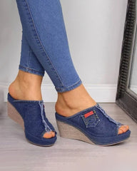 Denim slip on mid heel shoes
