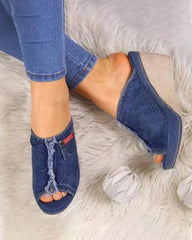Denim slip on mid heel shoes