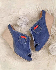 Denim slip on mid heel shoes