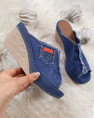 Denim slip on mid heel shoes