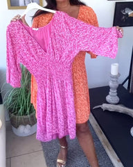 Printed V-neck Flare Sleeve Dress