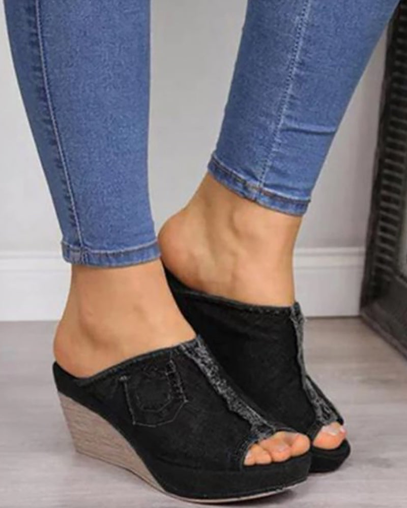 Denim slip on mid heel shoes