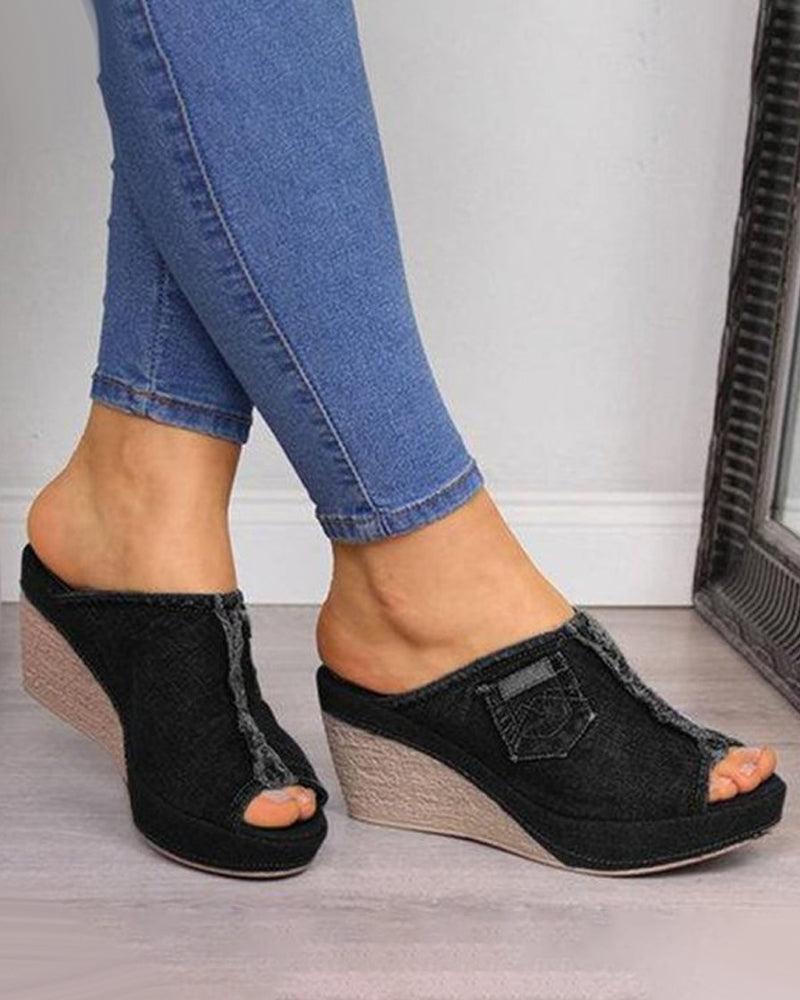 Denim slip on mid heel shoes