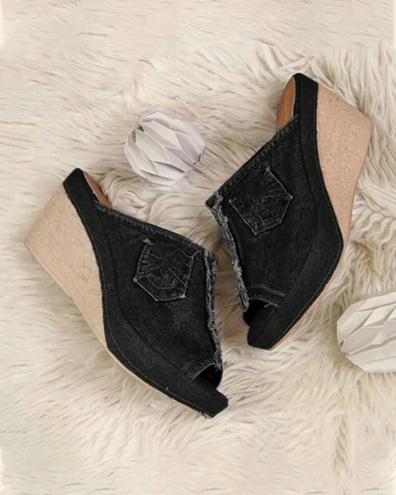 Denim slip on mid heel shoes