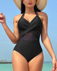 Solid color mesh one-piece swimsuit