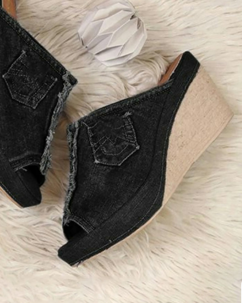 Denim slip on mid heel shoes