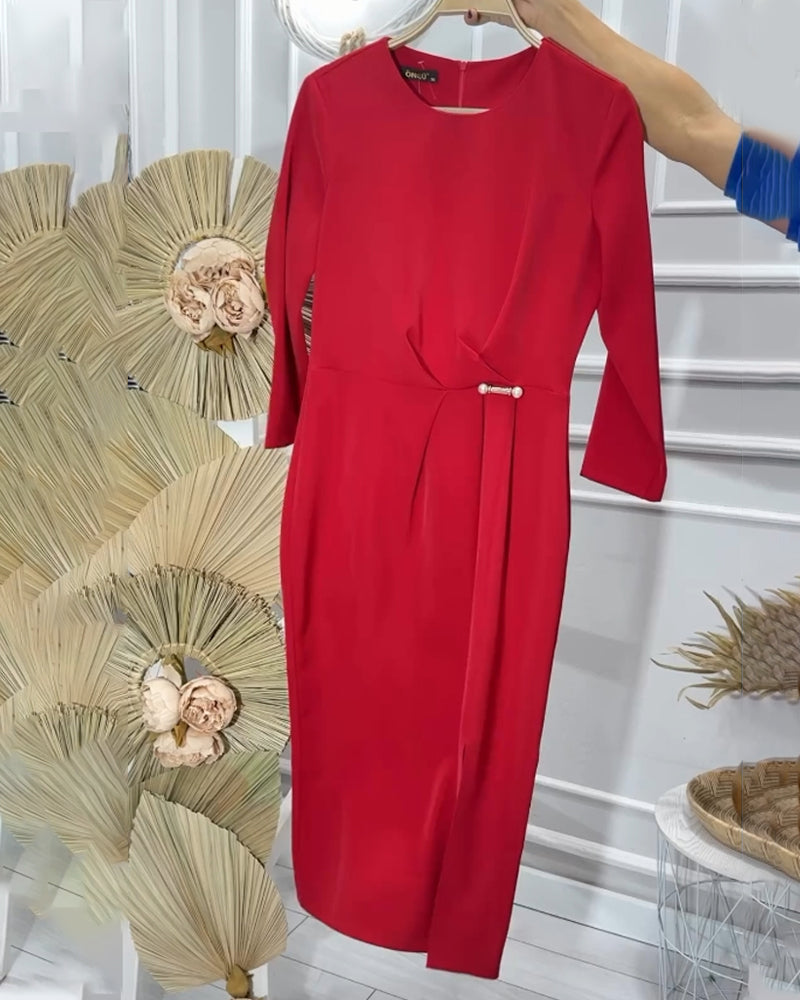 Romantic round neck solid color long dress