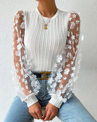 Round neck paneled see-through mesh blouse