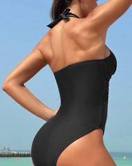 Solid color mesh one-piece swimsuit