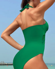 Solid color mesh one-piece swimsuit