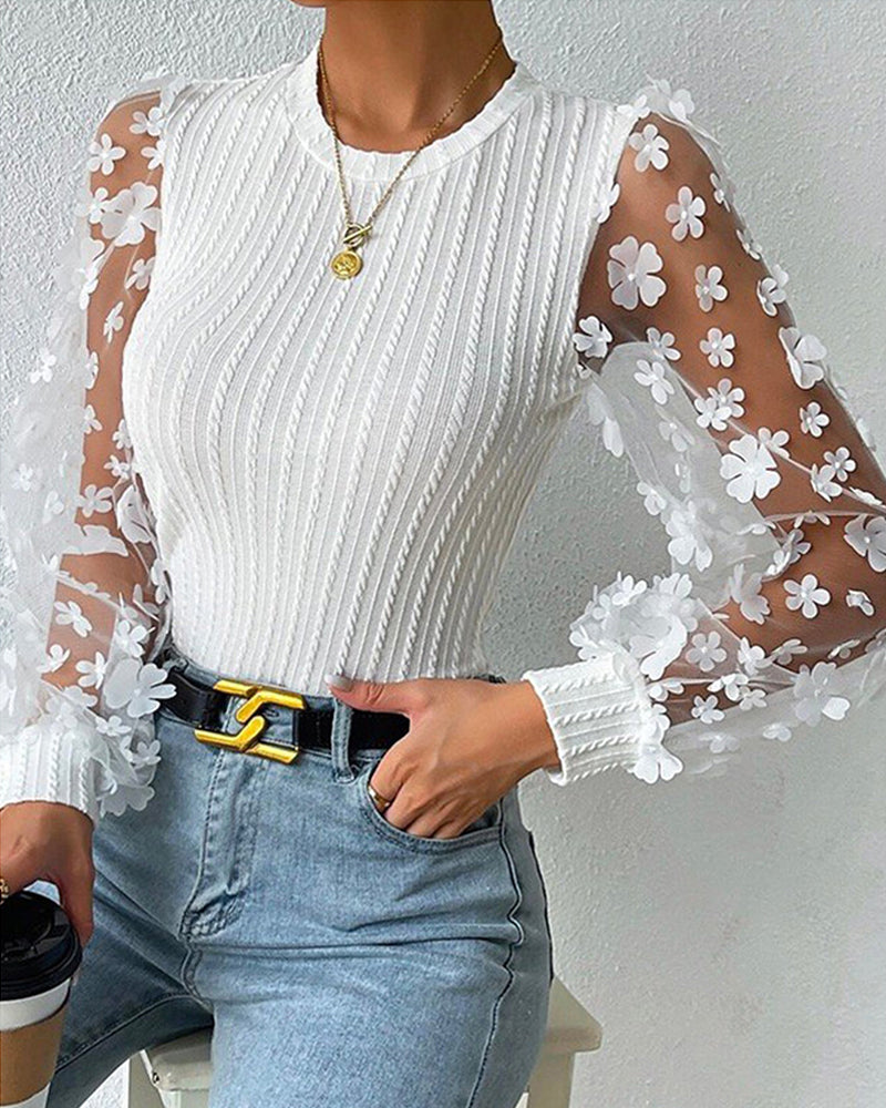 Round neck paneled see-through mesh blouse