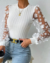 Round neck paneled see-through mesh blouse
