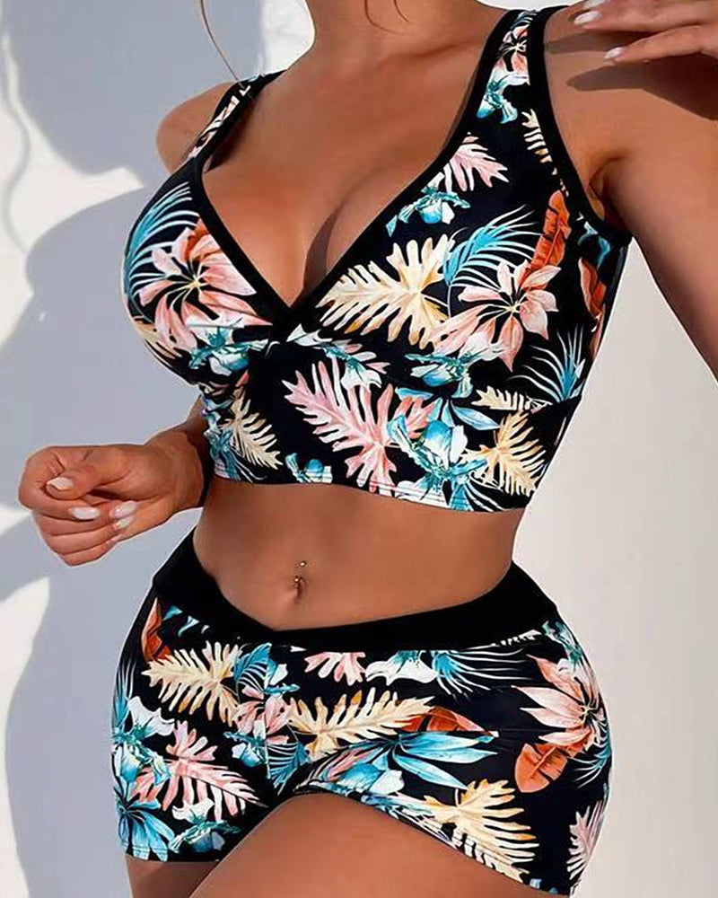 Palm leaf print boxer briefs bikini