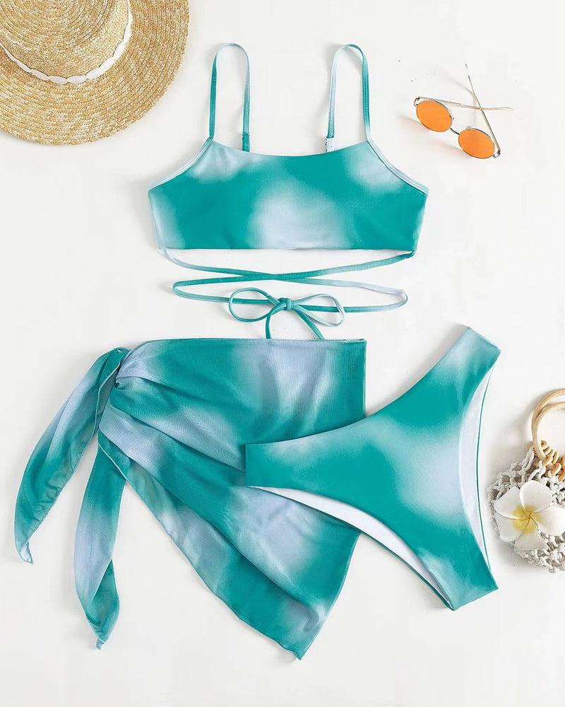 Tie-dye mesh skirt bikini three-piece set