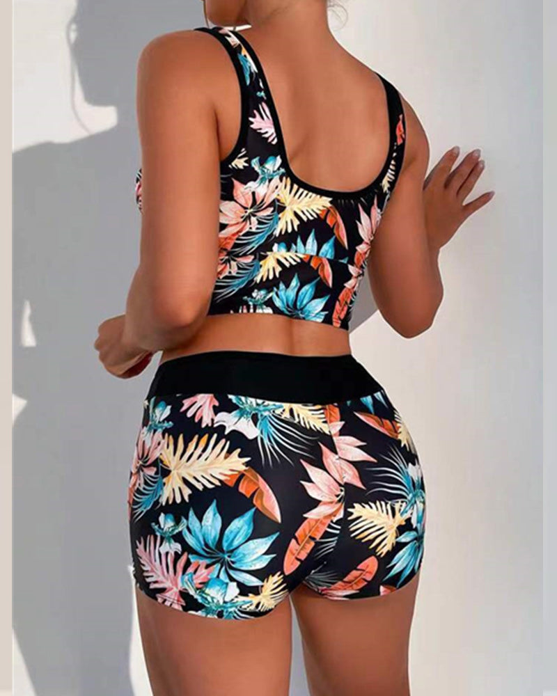 Palm leaf print boxer briefs bikini